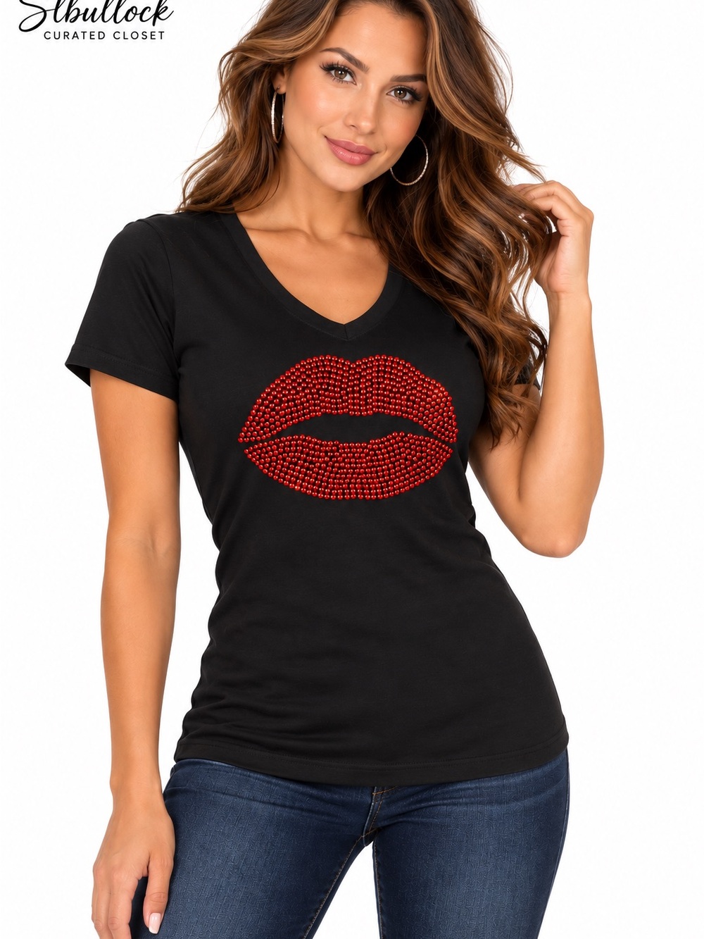 L13 Reserved Black Red Rhinestone Lips V-Neck T-Shirt M/L
